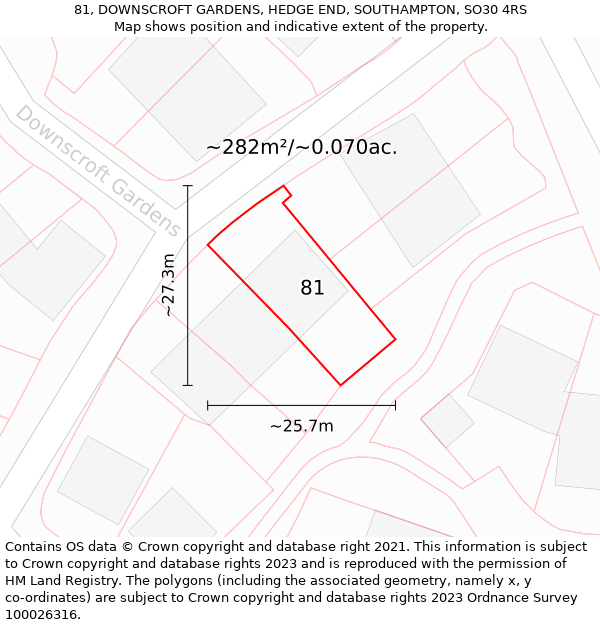 81, DOWNSCROFT GARDENS, HEDGE END, SOUTHAMPTON, SO30 4RS: Plot and title map