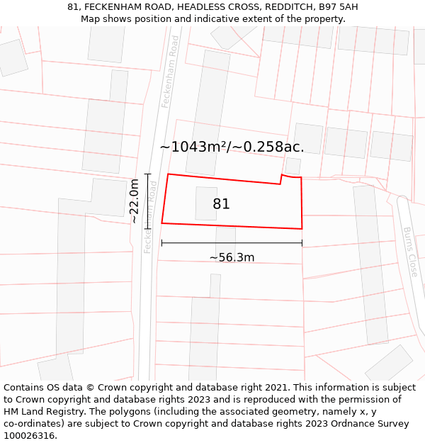 81, FECKENHAM ROAD, HEADLESS CROSS, REDDITCH, B97 5AH: Plot and title map