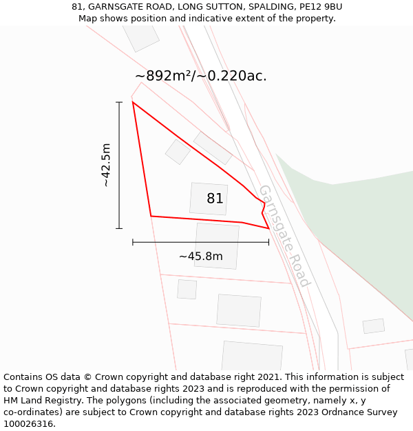 81, GARNSGATE ROAD, LONG SUTTON, SPALDING, PE12 9BU: Plot and title map