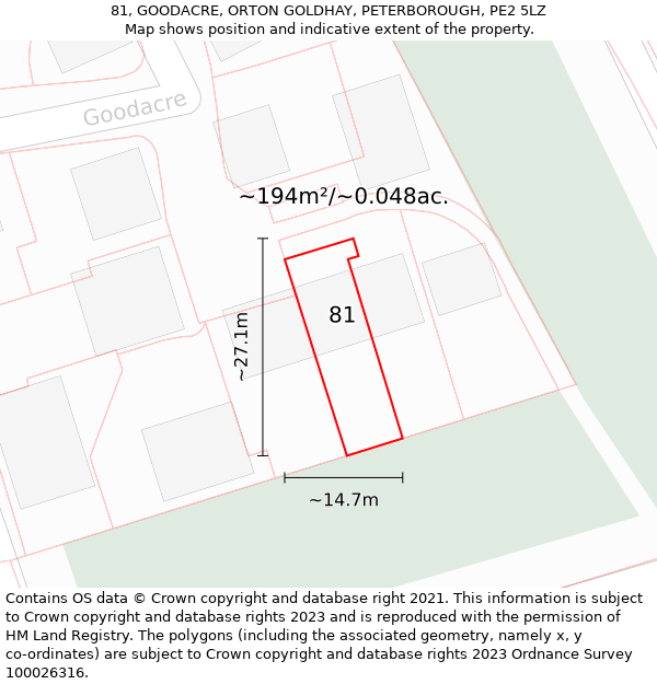 81, GOODACRE, ORTON GOLDHAY, PETERBOROUGH, PE2 5LZ: Plot and title map