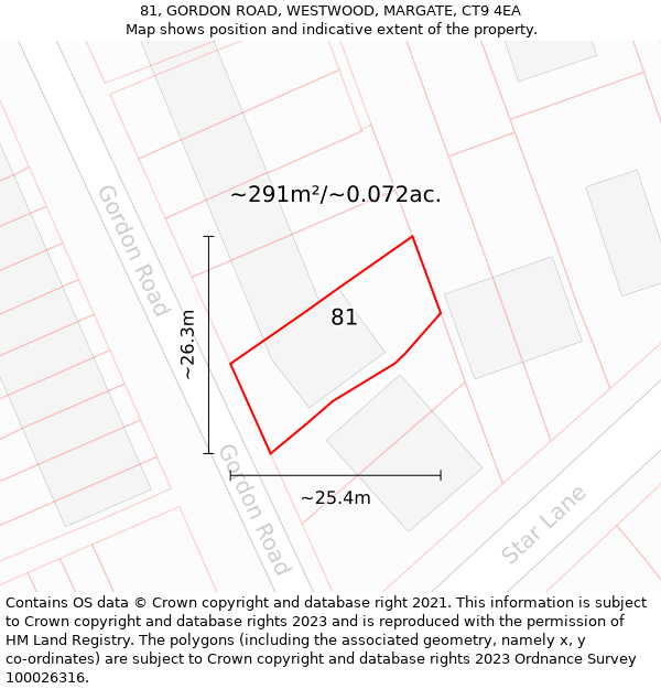 81, GORDON ROAD, WESTWOOD, MARGATE, CT9 4EA: Plot and title map