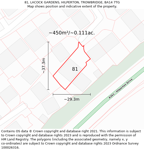 81, LACOCK GARDENS, HILPERTON, TROWBRIDGE, BA14 7TG: Plot and title map