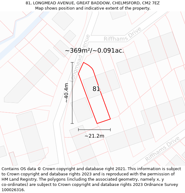 81, LONGMEAD AVENUE, GREAT BADDOW, CHELMSFORD, CM2 7EZ: Plot and title map