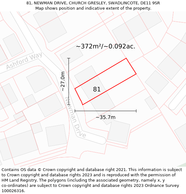 81, NEWMAN DRIVE, CHURCH GRESLEY, SWADLINCOTE, DE11 9SR: Plot and title map