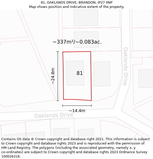81, OAKLANDS DRIVE, BRANDON, IP27 0NP: Plot and title map
