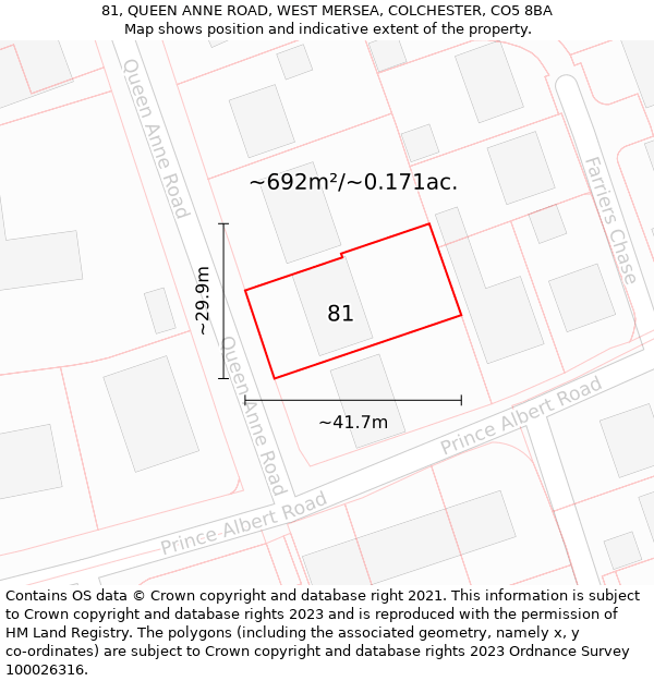 81, QUEEN ANNE ROAD, WEST MERSEA, COLCHESTER, CO5 8BA: Plot and title map