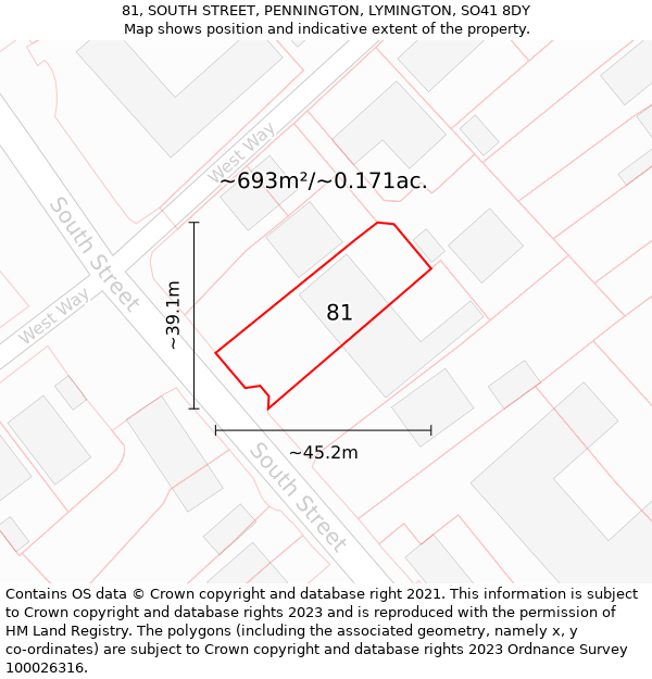 81, SOUTH STREET, PENNINGTON, LYMINGTON, SO41 8DY: Plot and title map