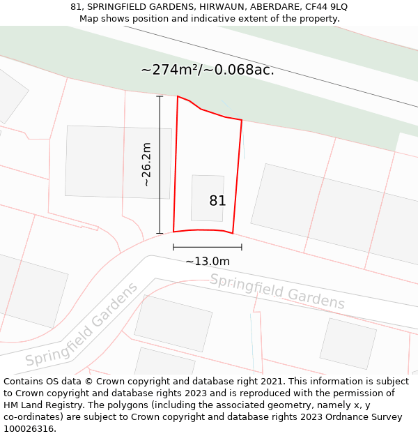 81, SPRINGFIELD GARDENS, HIRWAUN, ABERDARE, CF44 9LQ: Plot and title map