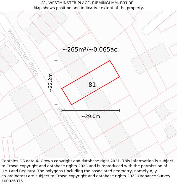 81, WESTMINSTER PLACE, BIRMINGHAM, B31 3PL: Plot and title map