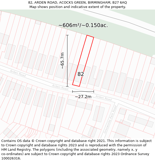 82, ARDEN ROAD, ACOCKS GREEN, BIRMINGHAM, B27 6AQ: Plot and title map