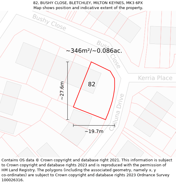 82, BUSHY CLOSE, BLETCHLEY, MILTON KEYNES, MK3 6PX: Plot and title map