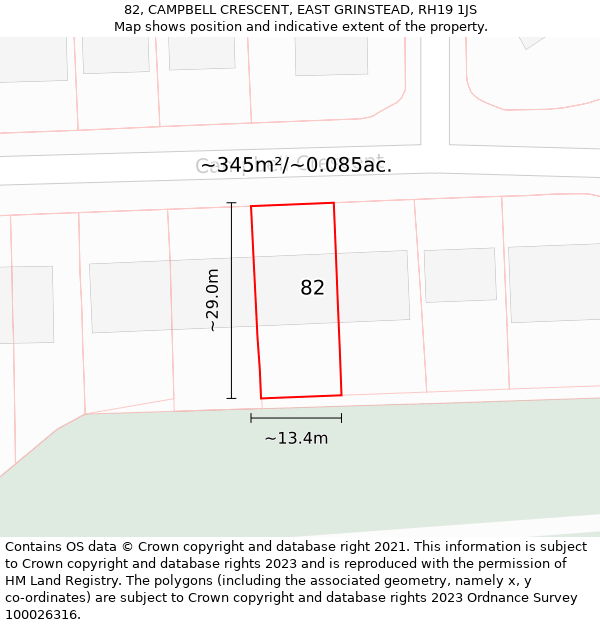 82, CAMPBELL CRESCENT, EAST GRINSTEAD, RH19 1JS: Plot and title map