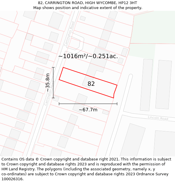 82, CARRINGTON ROAD, HIGH WYCOMBE, HP12 3HT: Plot and title map