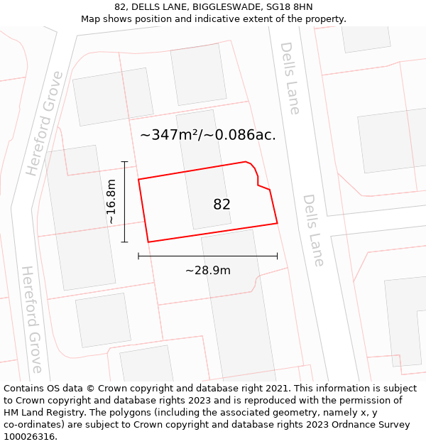 82, DELLS LANE, BIGGLESWADE, SG18 8HN: Plot and title map