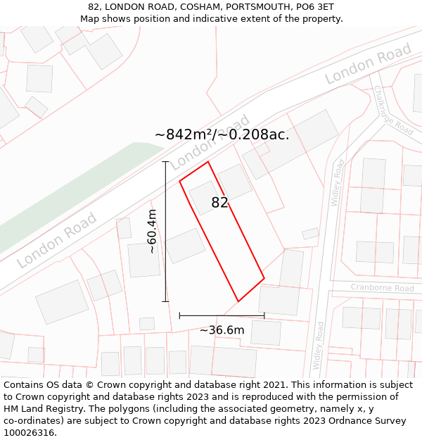 82, LONDON ROAD, COSHAM, PORTSMOUTH, PO6 3ET: Plot and title map