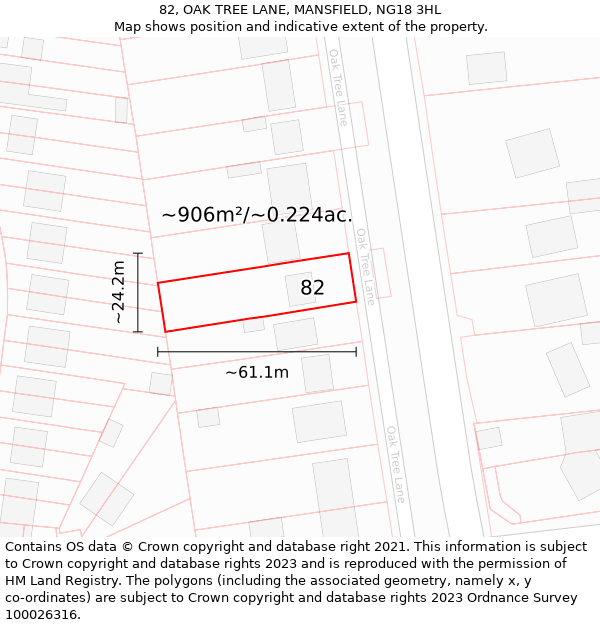 82, OAK TREE LANE, MANSFIELD, NG18 3HL: Plot and title map