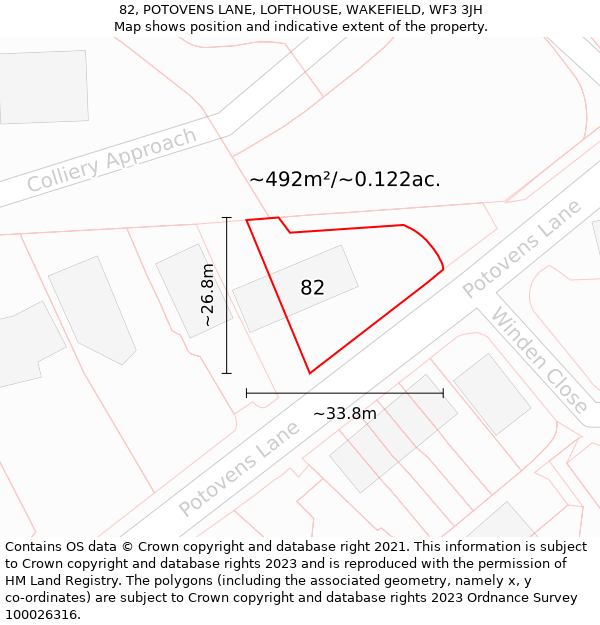 82, POTOVENS LANE, LOFTHOUSE, WAKEFIELD, WF3 3JH: Plot and title map