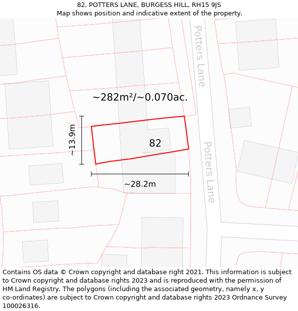 82, POTTERS LANE, BURGESS HILL, RH15 9JS: Plot and title map