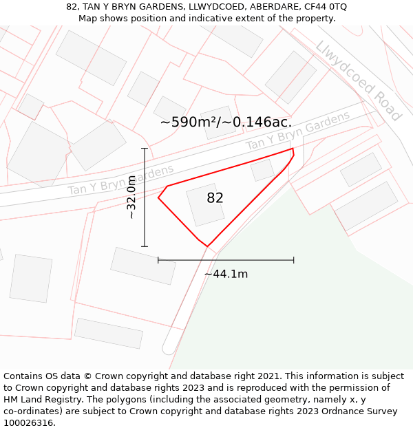 82, TAN Y BRYN GARDENS, LLWYDCOED, ABERDARE, CF44 0TQ: Plot and title map