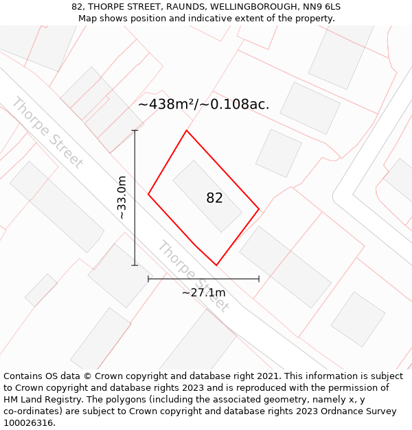 82, THORPE STREET, RAUNDS, WELLINGBOROUGH, NN9 6LS: Plot and title map