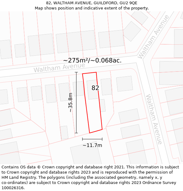 82, WALTHAM AVENUE, GUILDFORD, GU2 9QE: Plot and title map