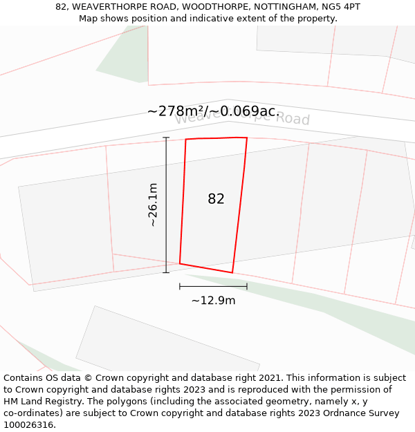 82, WEAVERTHORPE ROAD, WOODTHORPE, NOTTINGHAM, NG5 4PT: Plot and title map