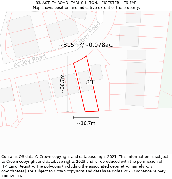 83, ASTLEY ROAD, EARL SHILTON, LEICESTER, LE9 7AE: Plot and title map