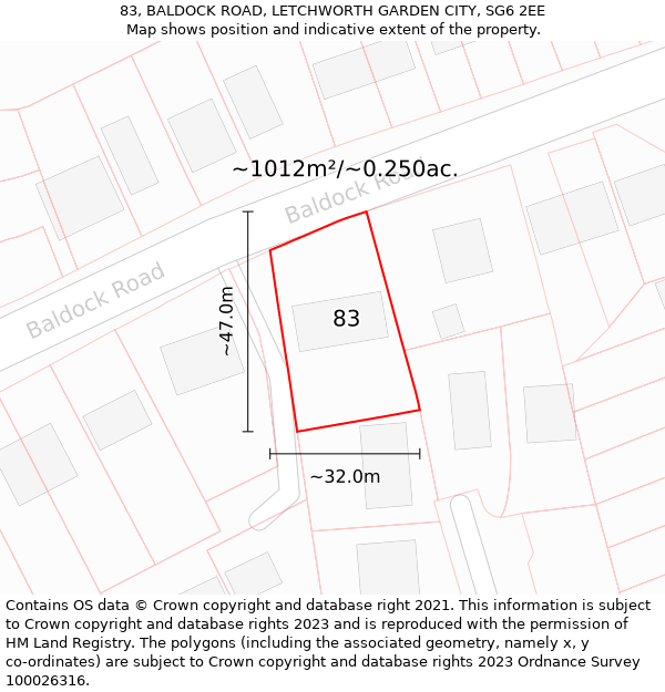 83, BALDOCK ROAD, LETCHWORTH GARDEN CITY, SG6 2EE: Plot and title map