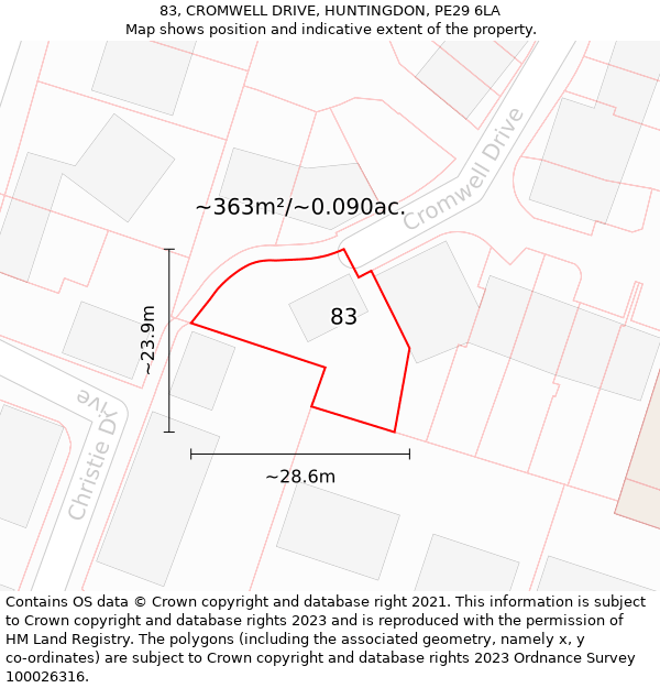 83, CROMWELL DRIVE, HUNTINGDON, PE29 6LA: Plot and title map