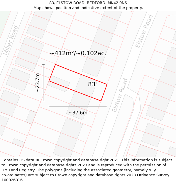 83, ELSTOW ROAD, BEDFORD, MK42 9NS: Plot and title map