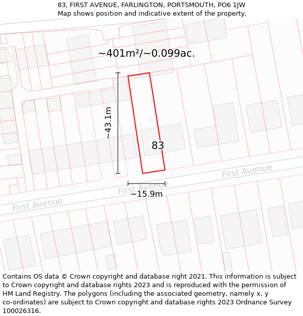 83, FIRST AVENUE, FARLINGTON, PORTSMOUTH, PO6 1JW: Plot and title map