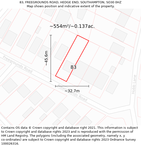 83, FREEGROUNDS ROAD, HEDGE END, SOUTHAMPTON, SO30 0HZ: Plot and title map