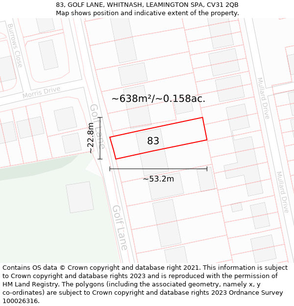 83, GOLF LANE, WHITNASH, LEAMINGTON SPA, CV31 2QB: Plot and title map