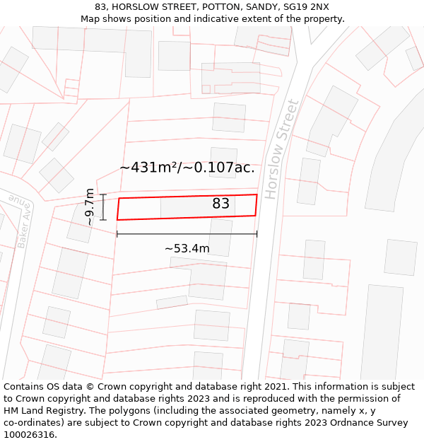 83, HORSLOW STREET, POTTON, SANDY, SG19 2NX: Plot and title map