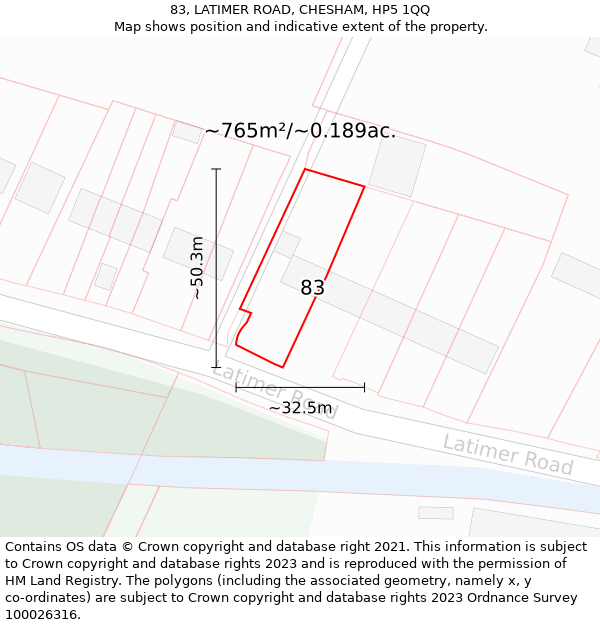 83, LATIMER ROAD, CHESHAM, HP5 1QQ: Plot and title map