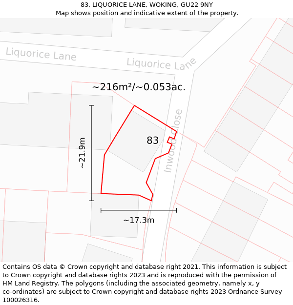 83, LIQUORICE LANE, WOKING, GU22 9NY: Plot and title map