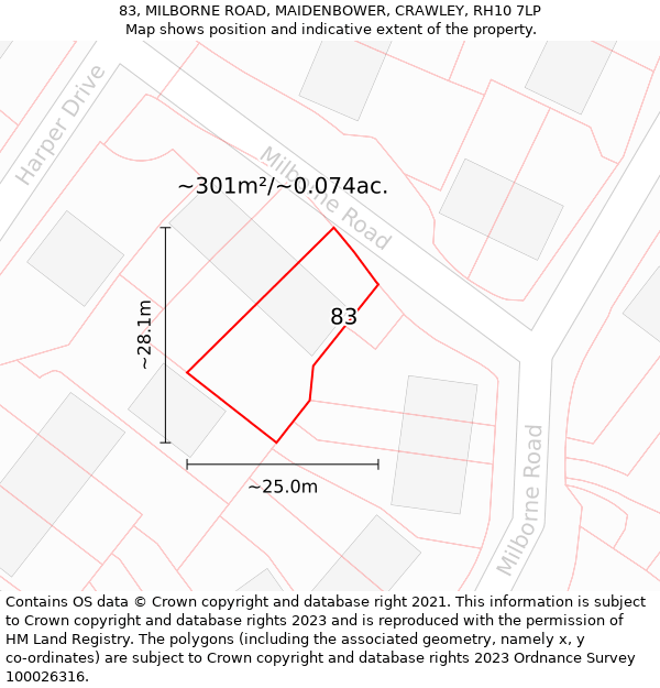 83, MILBORNE ROAD, MAIDENBOWER, CRAWLEY, RH10 7LP: Plot and title map