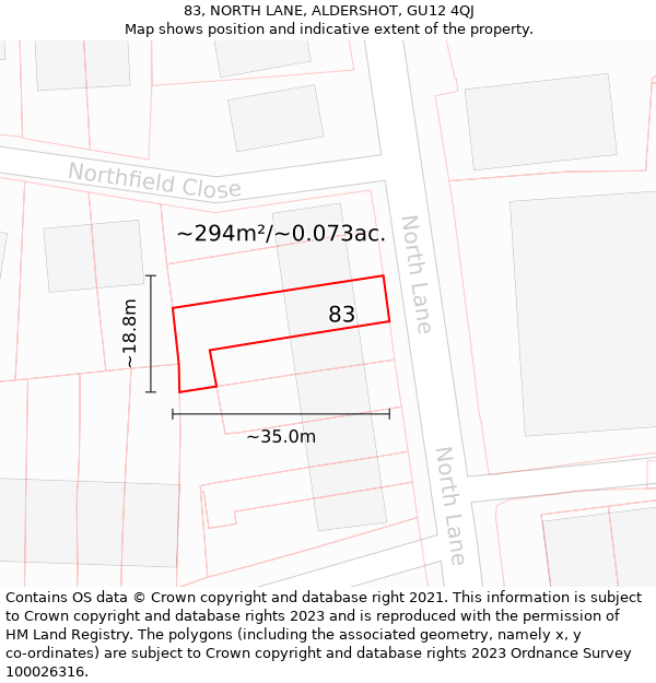 83, NORTH LANE, ALDERSHOT, GU12 4QJ: Plot and title map