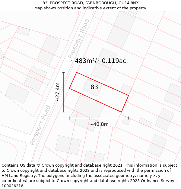 83, PROSPECT ROAD, FARNBOROUGH, GU14 8NX: Plot and title map