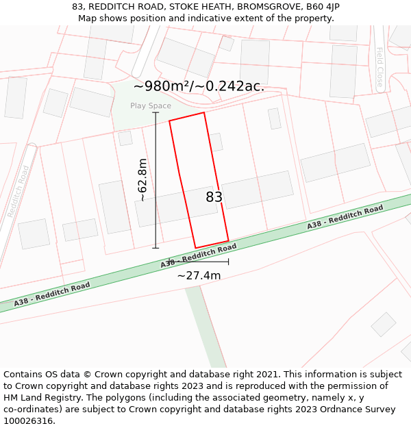 83, REDDITCH ROAD, STOKE HEATH, BROMSGROVE, B60 4JP: Plot and title map