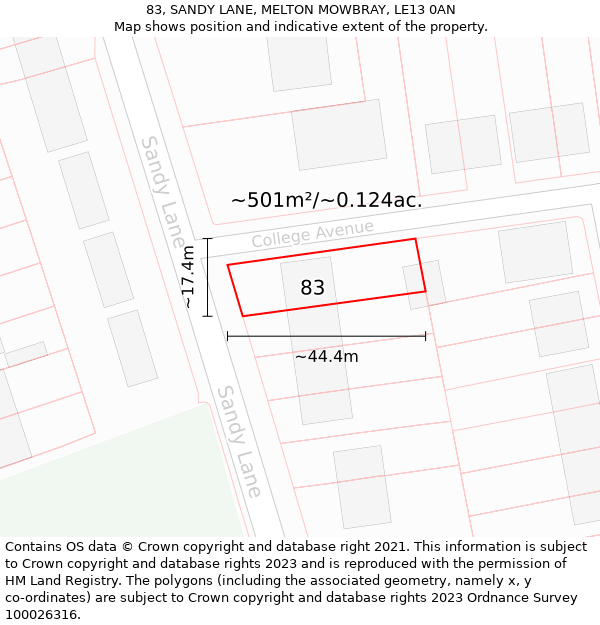 83, SANDY LANE, MELTON MOWBRAY, LE13 0AN: Plot and title map