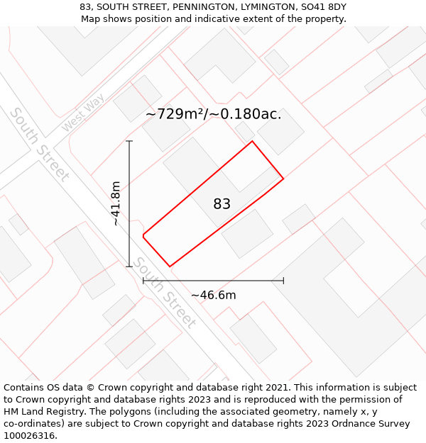 83, SOUTH STREET, PENNINGTON, LYMINGTON, SO41 8DY: Plot and title map