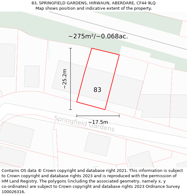 83, SPRINGFIELD GARDENS, HIRWAUN, ABERDARE, CF44 9LQ: Plot and title map