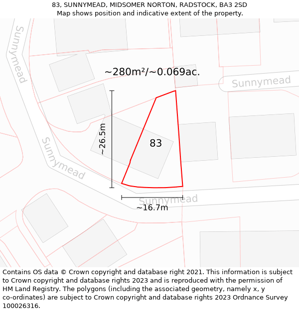 83, SUNNYMEAD, MIDSOMER NORTON, RADSTOCK, BA3 2SD: Plot and title map