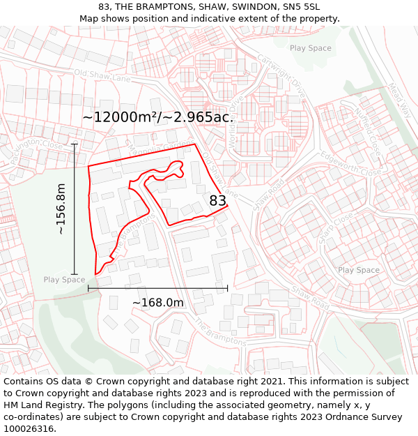 83, THE BRAMPTONS, SHAW, SWINDON, SN5 5SL: Plot and title map