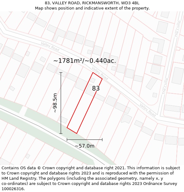 83, VALLEY ROAD, RICKMANSWORTH, WD3 4BL: Plot and title map
