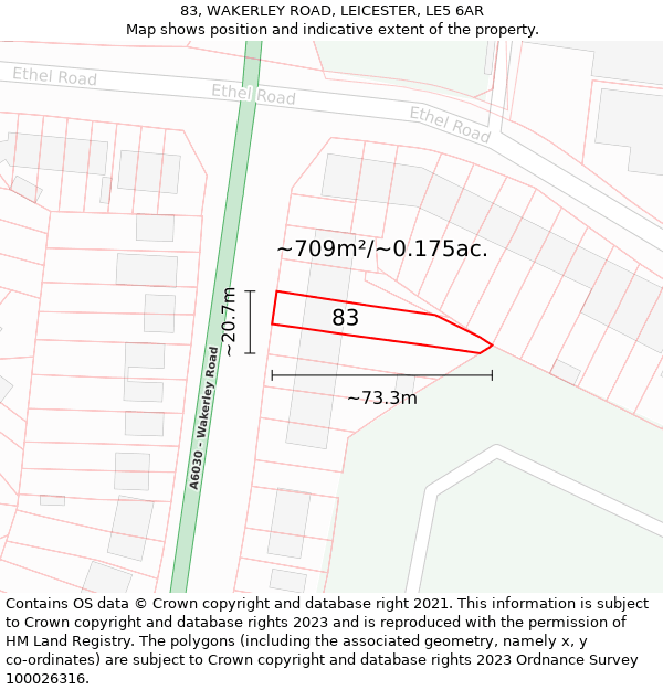 83, WAKERLEY ROAD, LEICESTER, LE5 6AR: Plot and title map