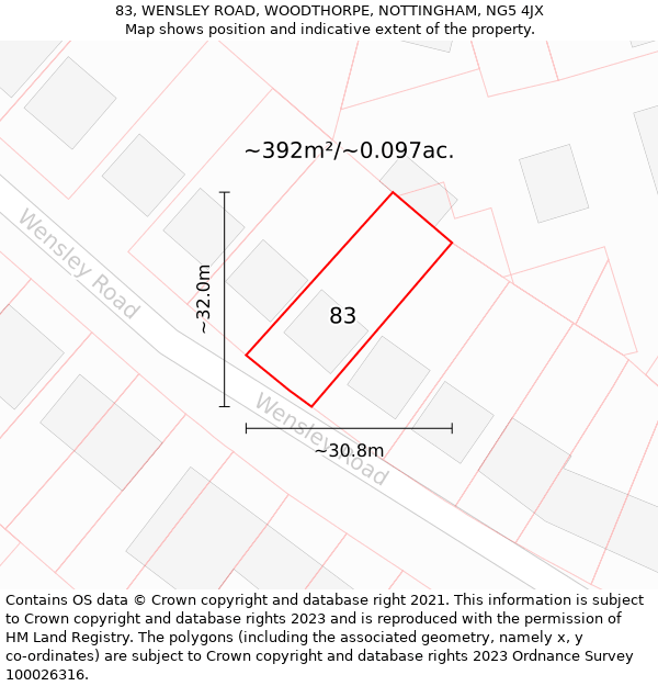 83, WENSLEY ROAD, WOODTHORPE, NOTTINGHAM, NG5 4JX: Plot and title map