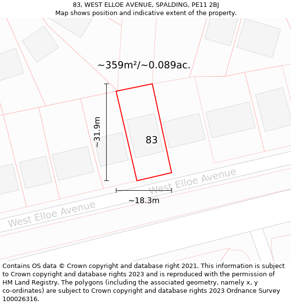 83, WEST ELLOE AVENUE, SPALDING, PE11 2BJ: Plot and title map