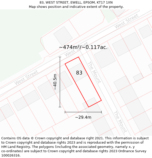 83, WEST STREET, EWELL, EPSOM, KT17 1XN: Plot and title map